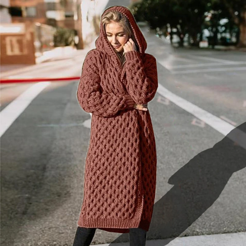 2019 New Warm Women's Solid Sweaters Casual Long Hooded Knitted Sweater Sleeve Cardigan Women Female Cotton Coat |