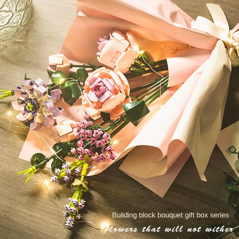 

Technical Ideas Flowers Bouquet Building Blocks Constructor Moc Romantic Rose Bricks Decoration Toys for Girl Montessori Gift