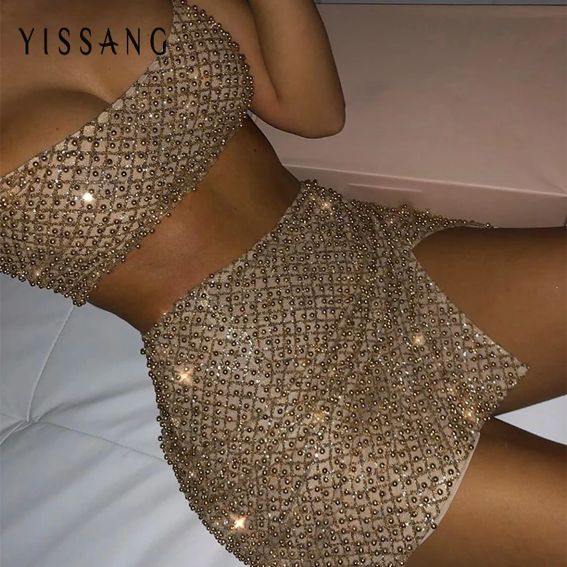 Yissang комплект из двух предметов с блестками и бусинами, сетчатый топ с подкладкой и открытой спиной и мини-юбки, комплекты из 2 предметов для женщин, летняя одежда