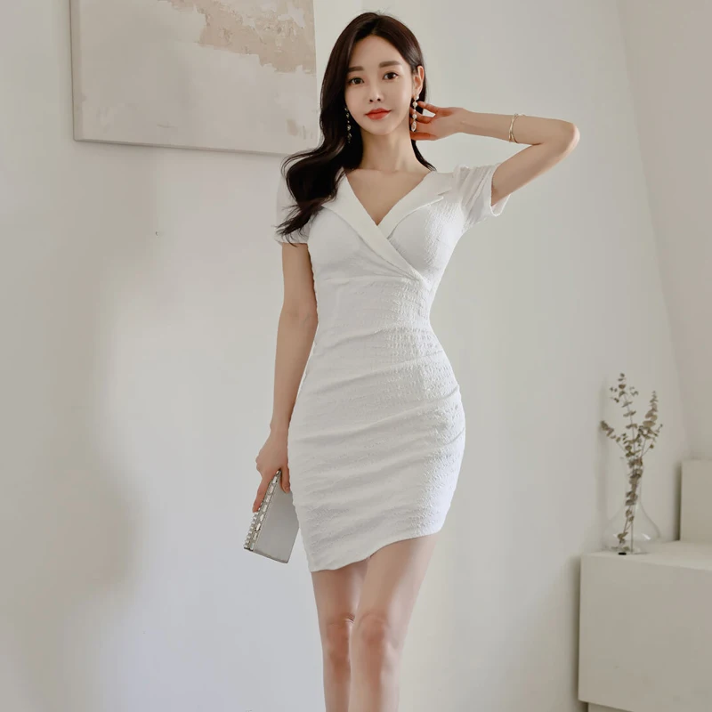 

Summer Dress Women Korean Style High Waist Elegant V-neck Short Sleeve Thin Mini Sexy Party Dresses T2276