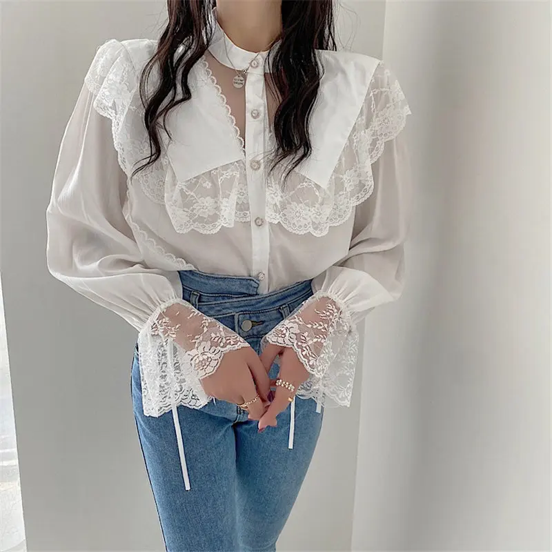 

Alien Kitty All Match Girls Gentle Clothe Tops Patchwork Blouses Lace Sweet Princess Chic Fashion Femme Korean Elegance Shirts