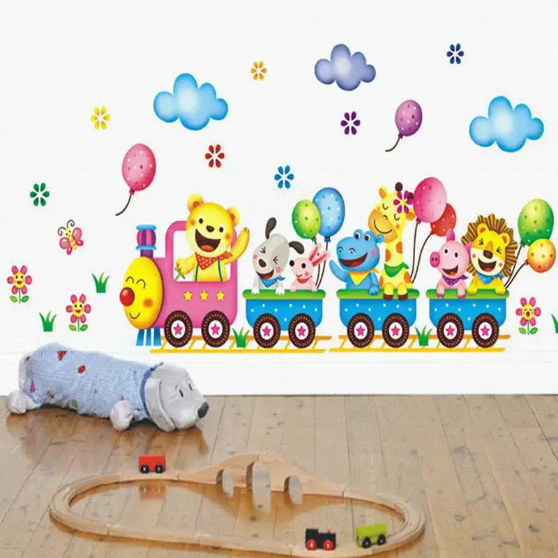 

Good Sale Cartoon Safari Animals On Train Removable Nursery Baby Kids Wall Stickers Vinyl Decal