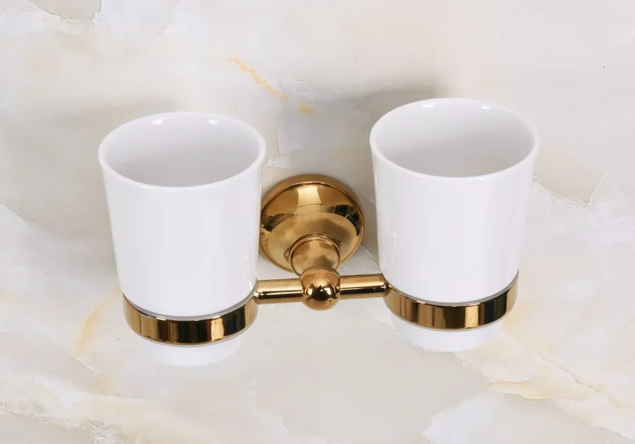Modern Golden Brass Hotel Bathroom Wall Mount Double Ceramic Cups Toothbrush Holder 2ba886