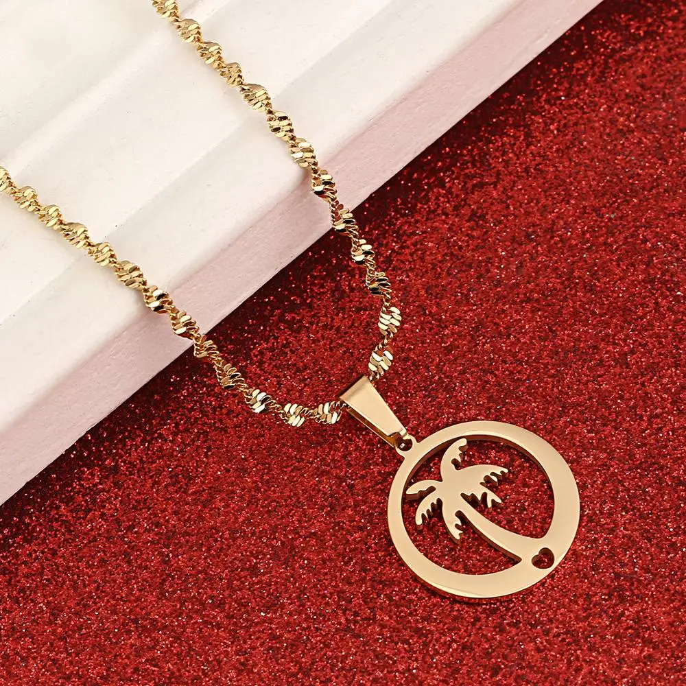 Круглое ожерелье с кулоном из нержавеющей стали Кокосовая пальма Пляжная