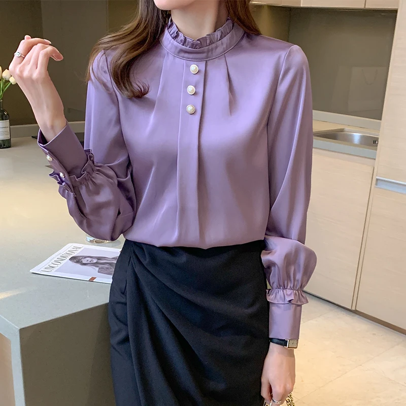 

Satin Women Blouse Vintage Tops for Women Solid Edible Tree Fungus Long Sleeve Top Purple Stand Neck Pearl Clothing Basic Blouse