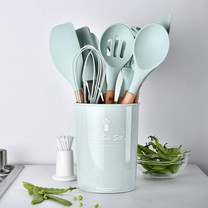 

Silicone Cooking Utensils Set Non-Stick Spatula Shovel Wooden Handle Cooking Tools Set with Storage Box Kitchen Utensils