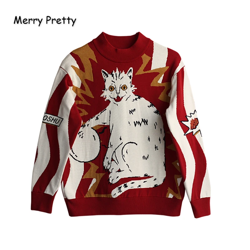 

XUANHAO Women Cartoon Cat Embroidery Knitted Sweaters And Pullovers Winter Thick Girls Knit Jumpe Harajuku Sweater Jacquard