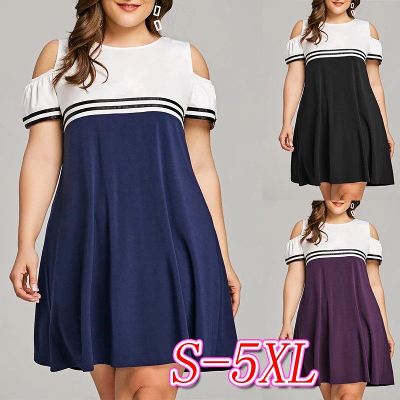 

Elegant Off The Shoulder Dress Women 2021 Casual Plus Size Loose Striped Patchowrk Dresses Female Office Lady Sexy Party Dress