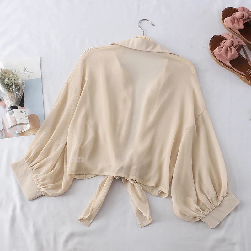 

Lantern Sleeve Chiffon Shirts Women 2021 Summer Transparent Buttoned Up Shirt Top Tied Waist Elegant Women Blouses Cropped
