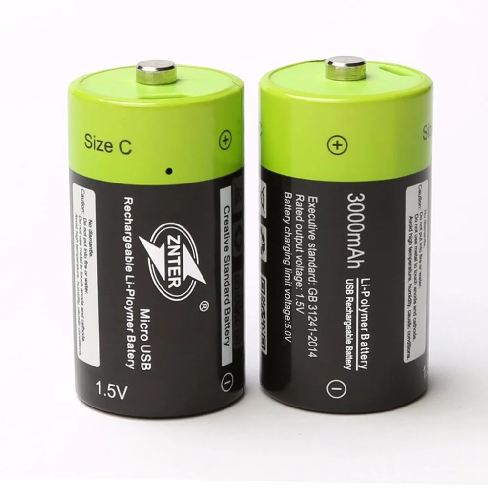 

ZNTER 2pcs C Size 1.5V 3000mAh Rechargeable Lithium Polymer Battery Charged by Micro USB Cable
