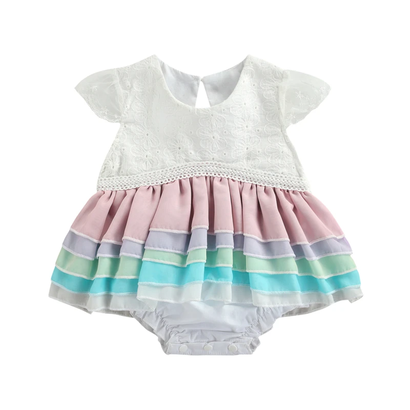 

Милые Детские Полосатые боди, белая одежда с круглым вырезом и коротким рукавом, с многослойным подолом, короткий комбинезон для младенцев