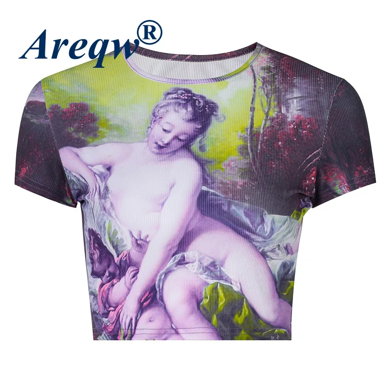 

Women's New Spring/Summer 2021 Round Neck Slim Angel Print Sexy Hipster Navel Bare Casual T-shirt