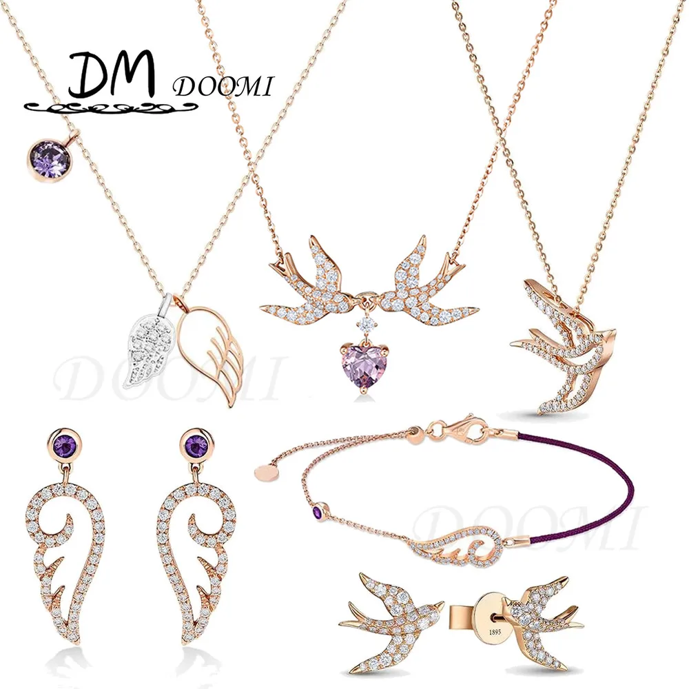 

SWA 1:1 New Fashion Accessories Swallow Heart-shaped Rose Gold Necklace Shiny Charming Jewelry Set Best Gift For Women
