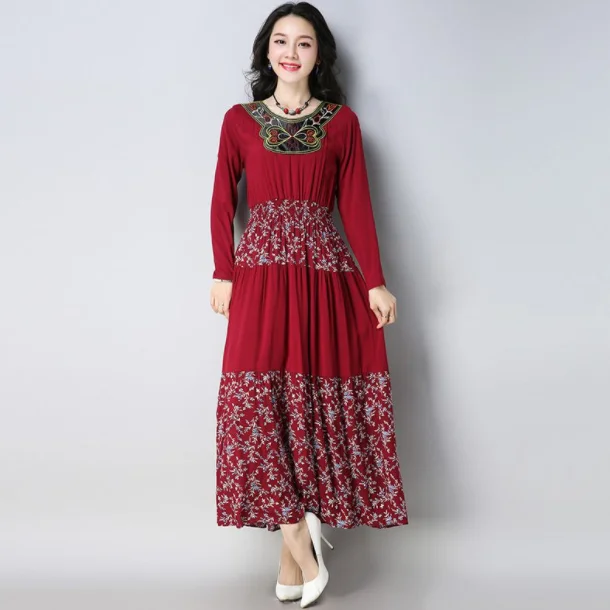 Женское платье макси в китайском стиле повседневное длинное трапеция из хлопка и