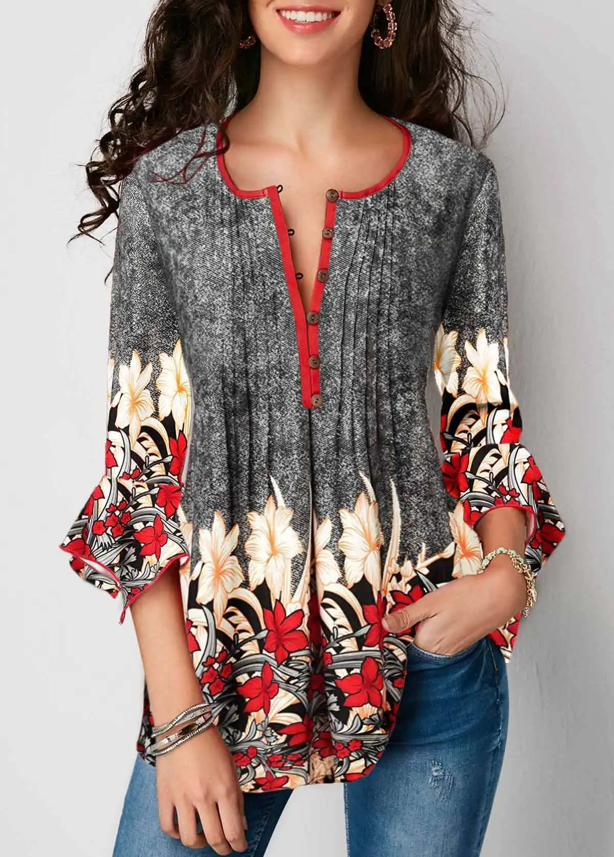 

XUXI Women Autumn Shirt Seven Points Sleeve Sexy Printing Ruffle Sleeve 2019 New Blouse Womens Tops Blouses Chemise Femme FZ0223