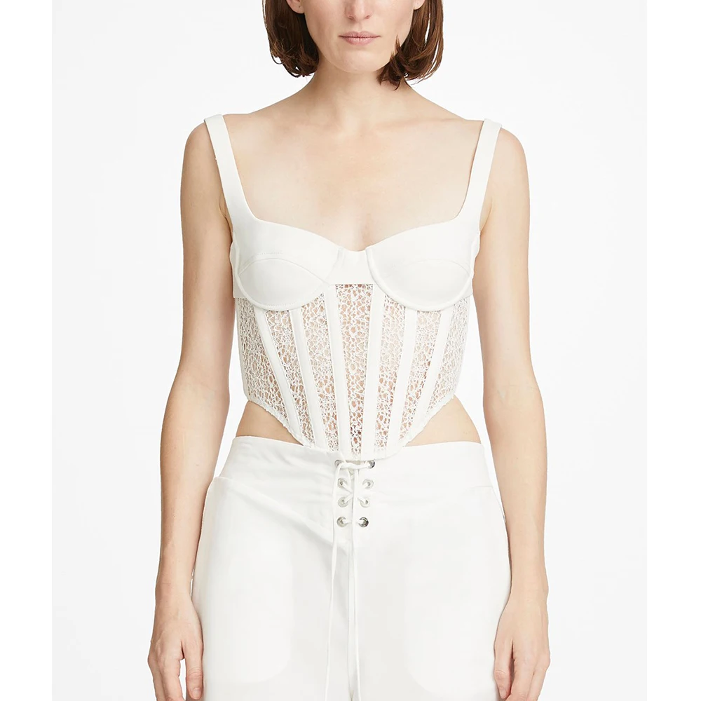 Sexy Women Tank Crop Top Camisole Ladies Sleeveless Wrapped Chest With Pad Lace Mesh Elastic Skinny Bandage Vest Tops Women 2020