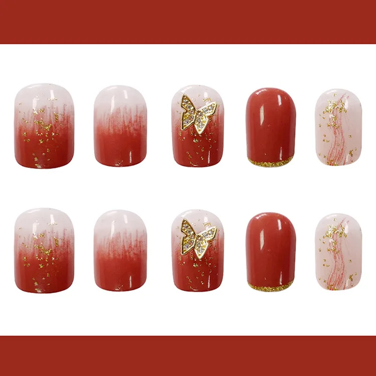 

24pcs Butterfly Nail Patch Gradient Caramel Color Glue Type Removable Short Paragraph Fashion Manicure False Nail Patch MPwell