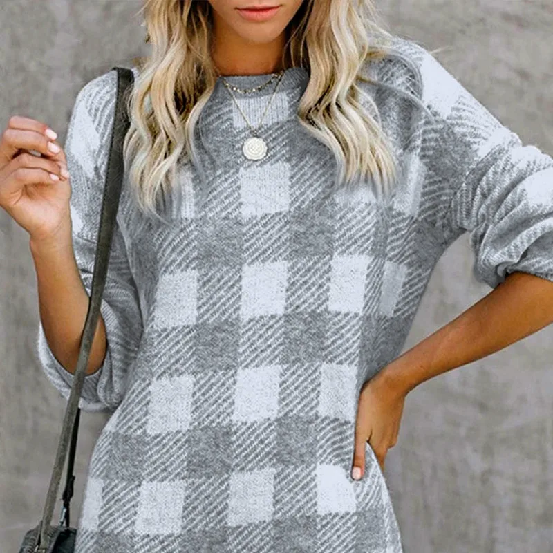 

2021 New Autumn Winter Plaid Knitted Dress Women Long Sleeve A Line Casual O Neck Mini Day Dress Ladies Warm Knitwear Vestidos