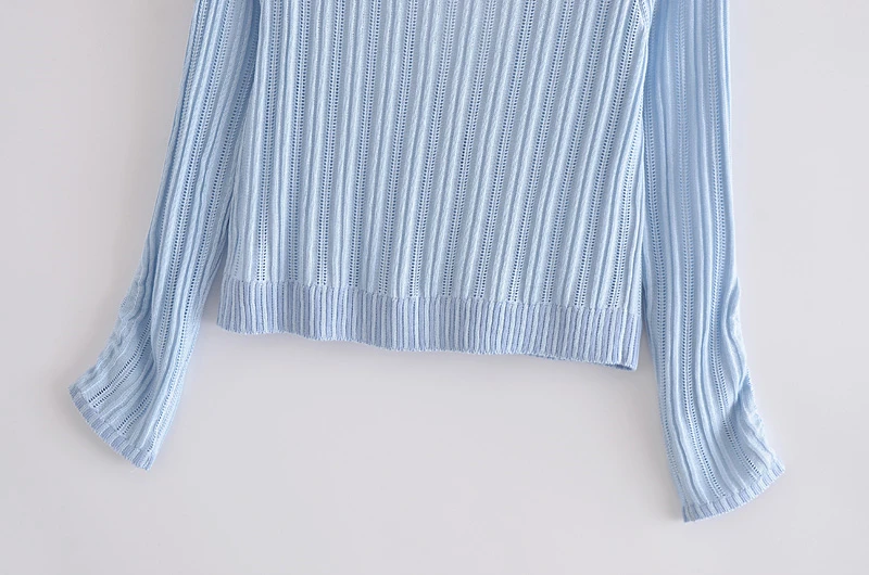 

Splend Moda 2021 Summer Blue V-Neck Single-Breasted Long Sleeve Knit Striped Knit Cardigan Solid Color Women Casual Fashion