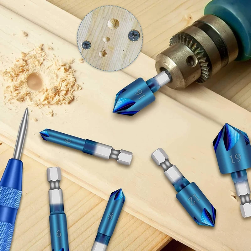 

6Pcs 90 Degree Countersink Set HSS Countersink, 5-Slot Nano Blue Coating 1/4 Inch Countersink Drill, Chamfer Tool