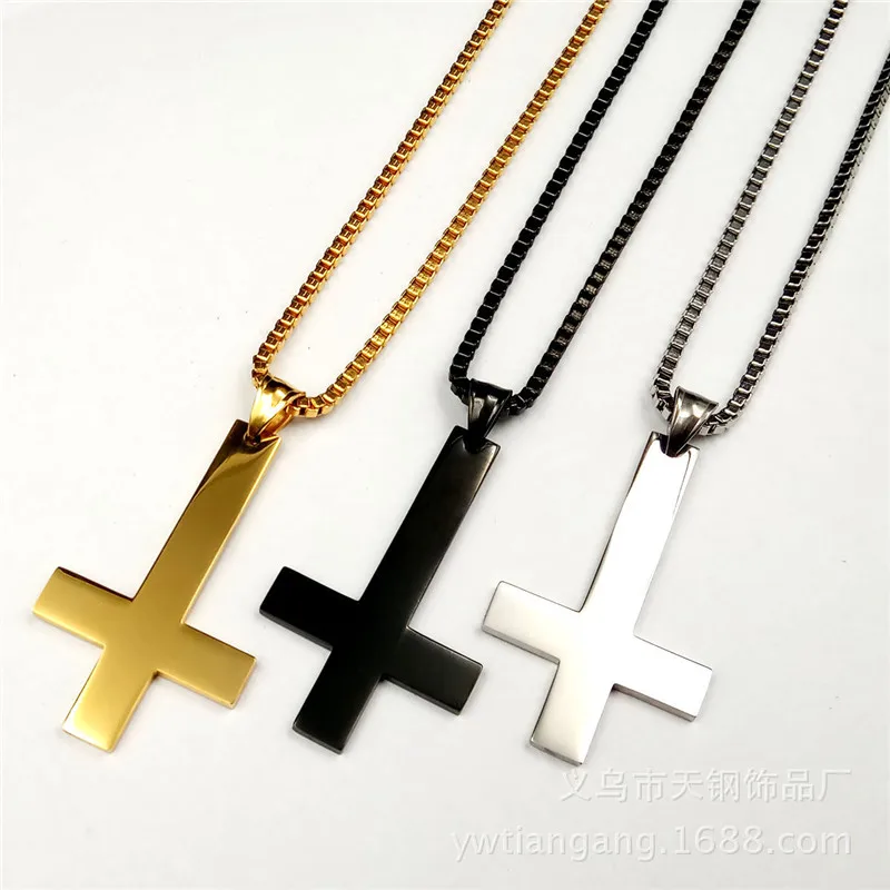 

Fashion 316L Stainless Steel Inverted Cross Pendant Necklace Lucifer Satan Punk Jewelry Chain For Men Women Anti-Christian Gift