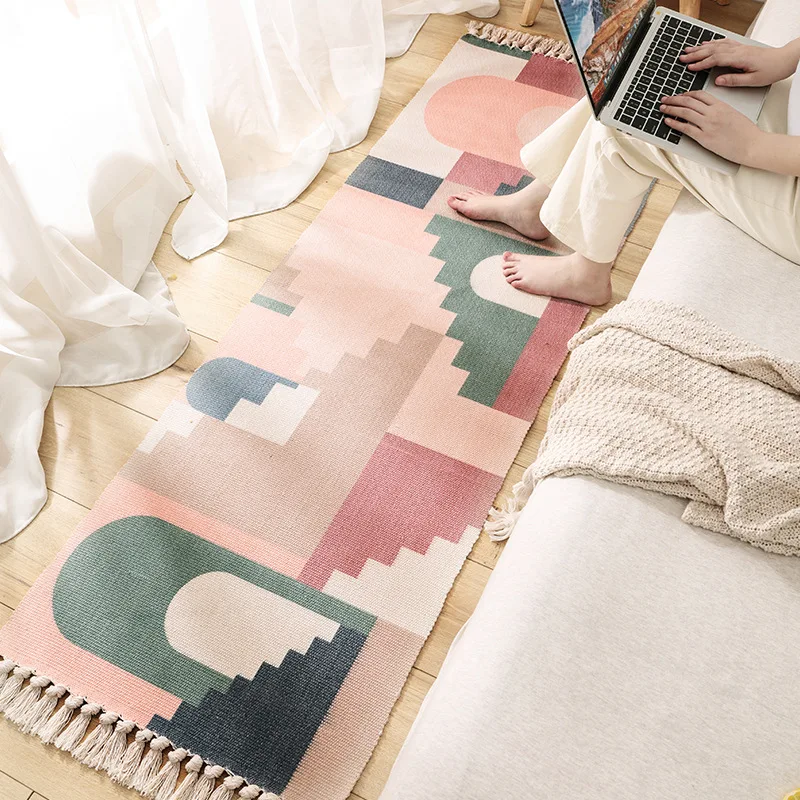 

100% Cotton Woven Area Rug Rectangular Plaid Check Tassels Rug Mat Durable Machine Washable Carpet for Bedroom/Kitchen/Hallway