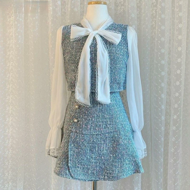 

2021 New Spring Sweet Tweed 2 Piece Set Women Chiffon Patchwork Shirt Skirt Bow Lace-up Tops Button Mermaid Mini Skirt