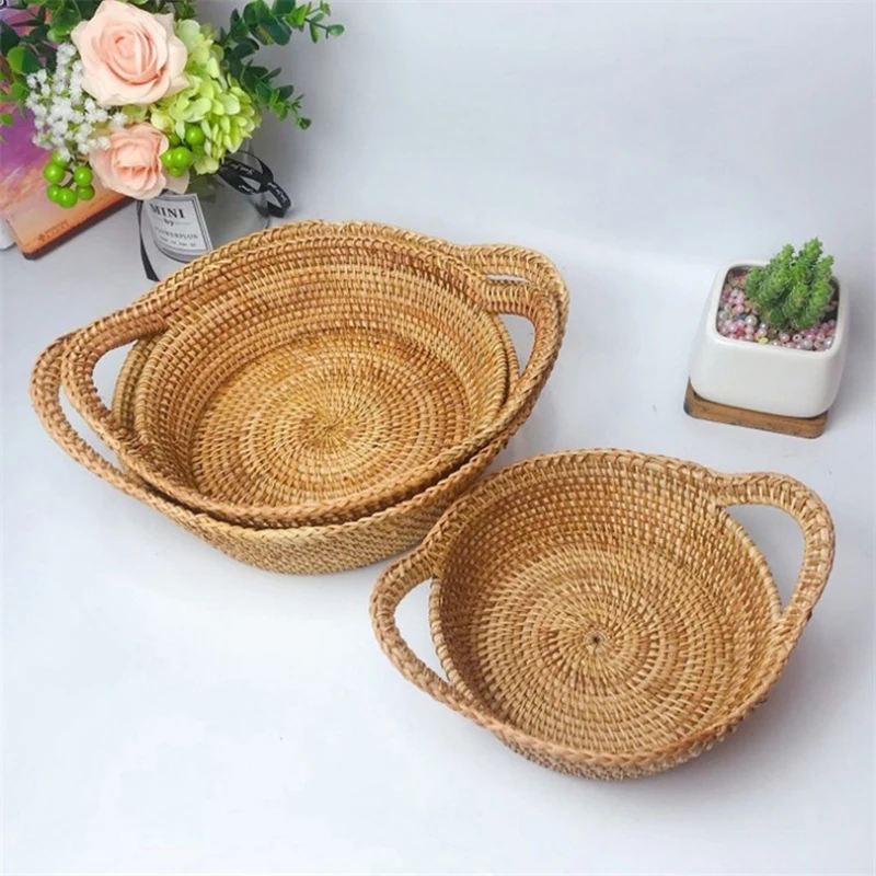 

Rattan Round Basket With Handles Vintage Style Storage Organizer Basket for Fruits Vegetables Bread DFK889
