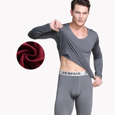 solid gray 4XLPlus Size Seamless Thermal Underwear For Men Thin Fleece Thermo Clothes V-Neck Slim Warm Second Skin Male Winter Long Johns - Цвет: solid gray