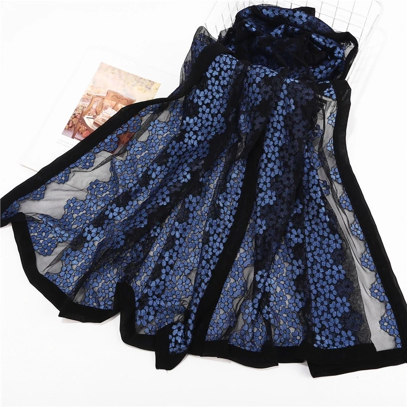 

New Luxury Designer African Style Black Bubble Chiffon Edges Hollow Out Lace Muslim Hijab Air Conditioning Scarf Beach Shawls