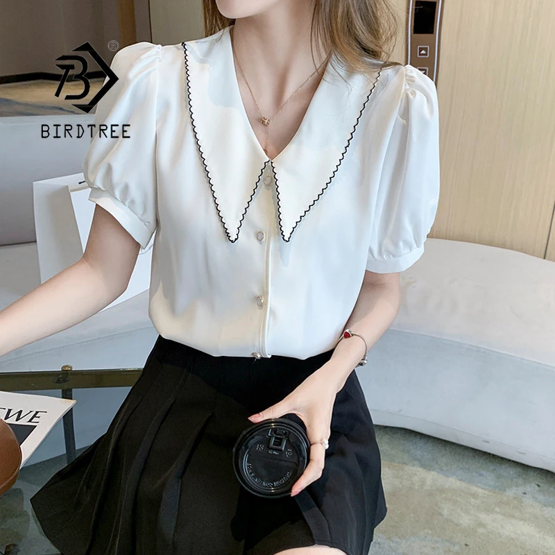 

Летняя женская винтажная однотонная шифоновая рубашка с воротником Питер Пэн, с короткими рукавами-фонариками, универсальные элегантные т...