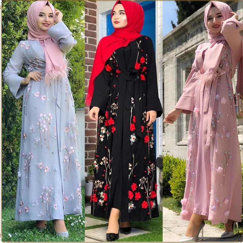 Женское мусульманское платье с вышивкой Модное Элегантное трехмерное удобное дышащее платье с поясом и принтом трехцветное женское платье