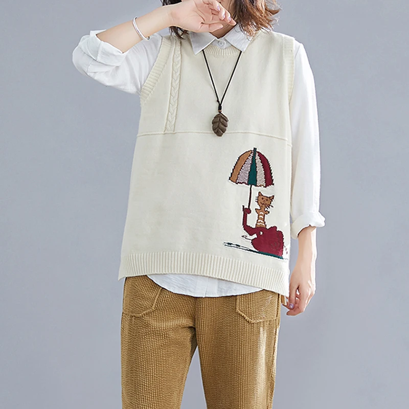 

2020 Autumn Winter Knitted Vest Women Plus Size Vintage Sleeveless Pullover Sweater Female Cartoon Cat Solid Knitted Waistcoat