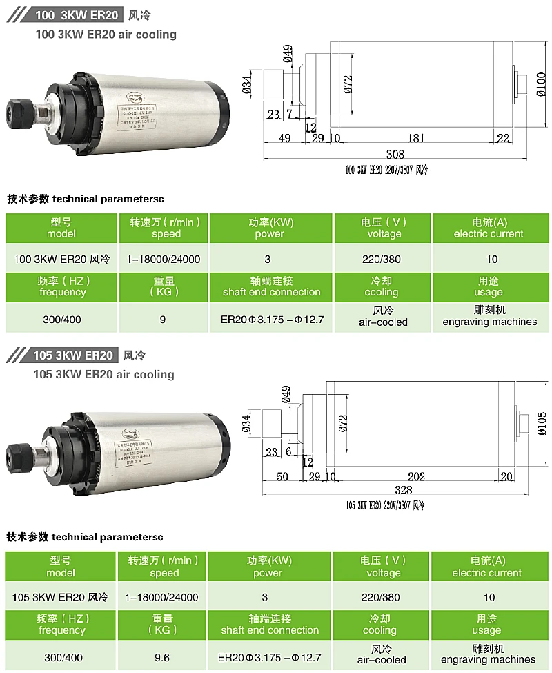 

3KW air cooled spindle 220v 4 bearings CNC milling machine spindle motor for engraving