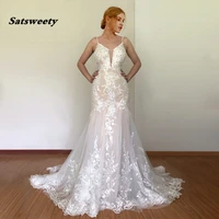 romantic lace mermaid wedding dress 2022 sexy deep v neck lace applique beading sequins spaghetti backless long bridal gown