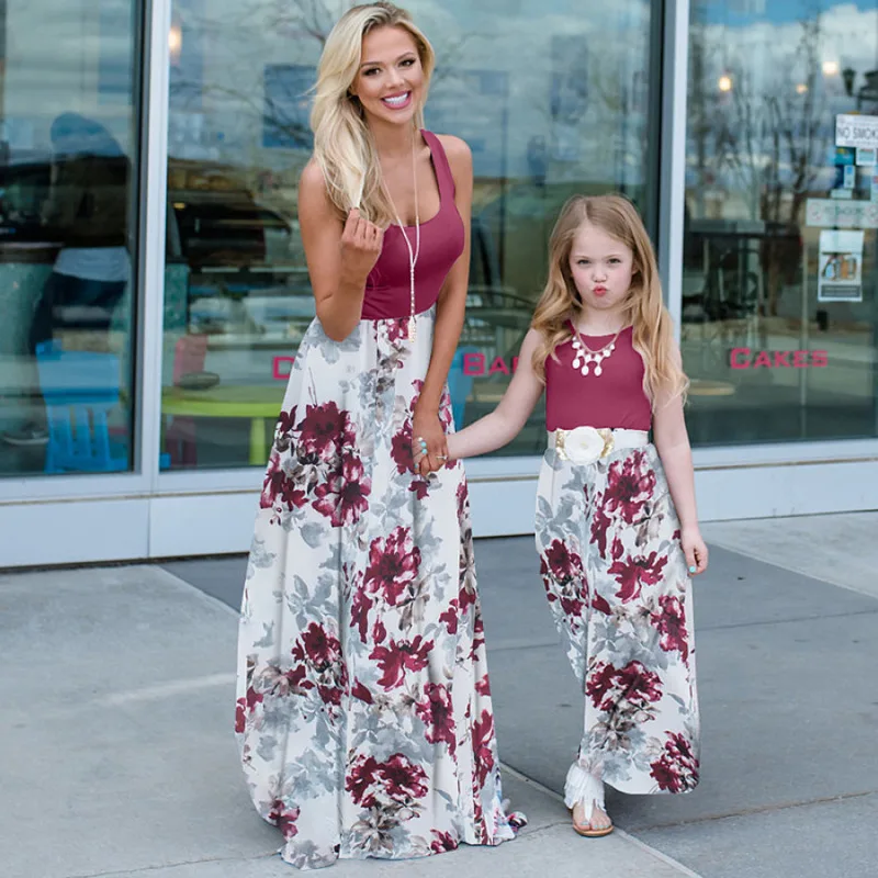 

Stitching Printed Long Skirt Mom and My Family Dress, Long Skirt, Tights, Long, Floral, Patchwork, Mom and Daughter's Clothes, S