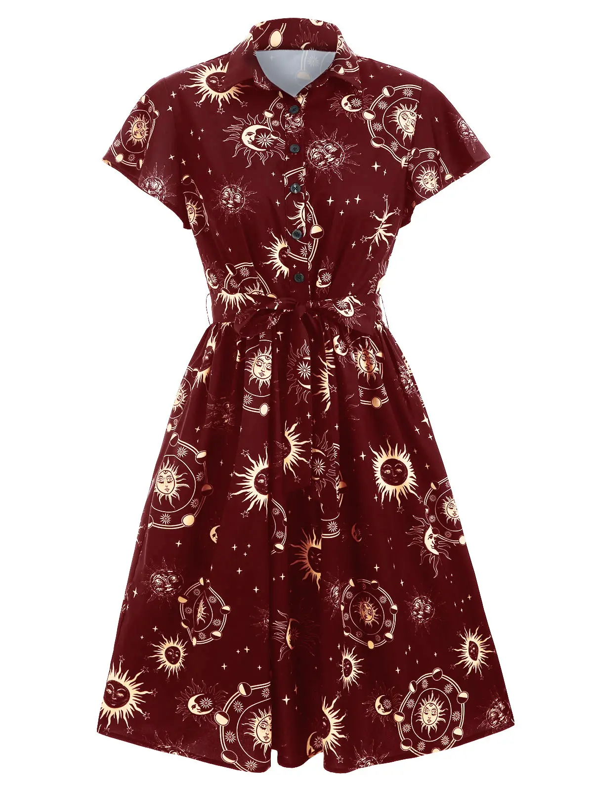 Летнее и осеннее женское платье с принтом солнца Луны звезд приталенное поясом