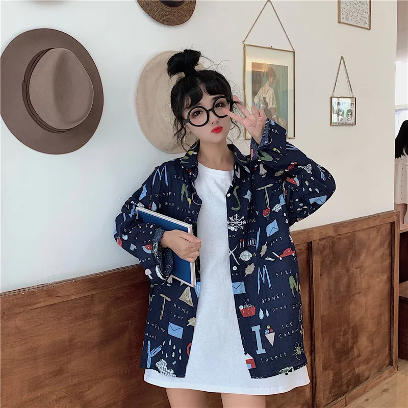 

sweet print turn-down collar Korean Spring and autumn Korean style full ladies tops Women's Clothing high quality Trend shirts