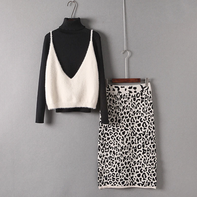 Женский трикотажный костюм-тройка повседневный свитер с леопардовой юбкой и