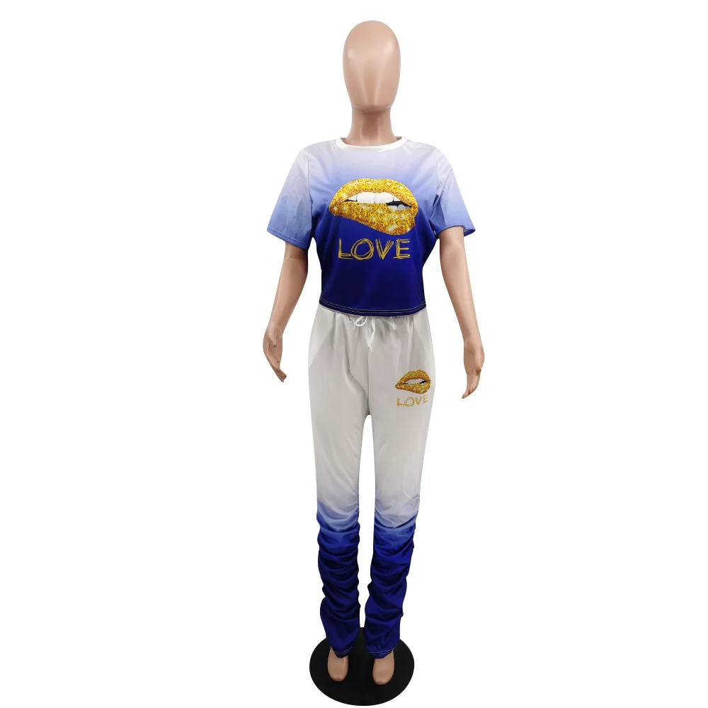 

Sexy Plus Size 2 Piece Set Women's Tracksuit Gradient Mouth Lip Print Crop Top and Stacked Jogger Pant Lounge Wear Matching Set