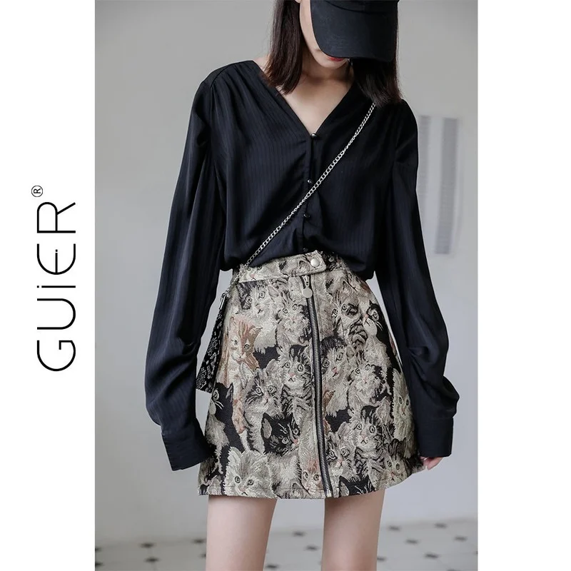 

Elegant Vintage Ladies Skirts Cat Printed Mini A-Line Skirts Women Vintage Embroidery Pencil High Waist Skirt Mujer Zipper Skirt