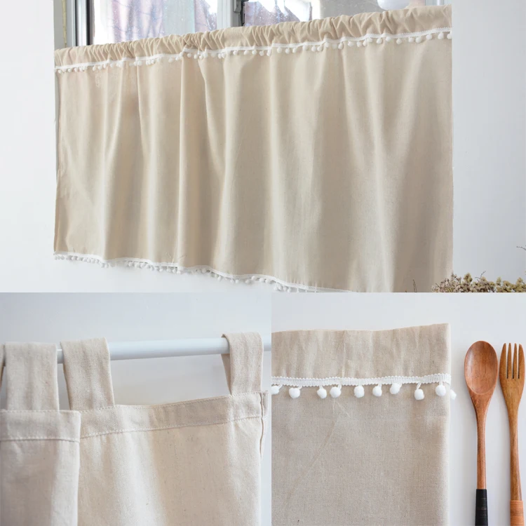 Простая однотонная полузанавеска для кухни в японском стиле естественного цвета
