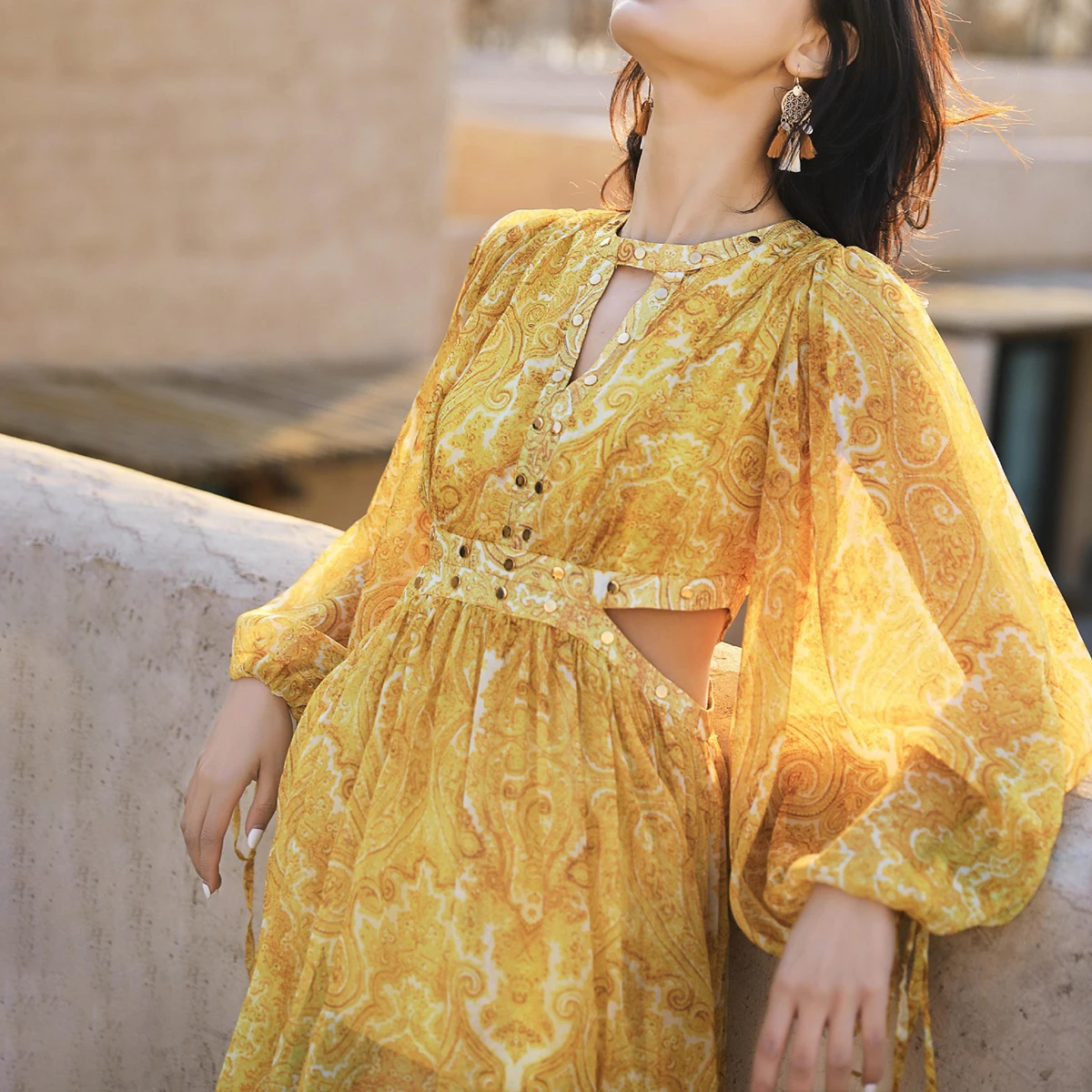 

Spring Summer Printed Women Chiffon Long Beach Dress Lantern Long Sleeve Hollow neck A-line Sexy Party Dress Vestidos de fiesta
