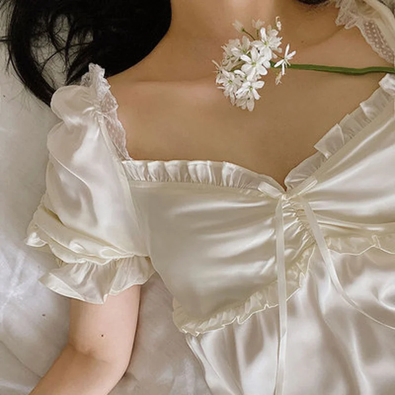 Ночная рубашка в стиле принцессы одежда для сна Женская Летняя шелковая