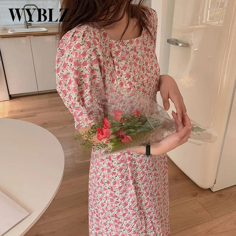 

WYBLZ Vintage Summer Women's Dress Retro Casual Elegant Square Collar Short Lantem Sleeve Floral Print Drawstring Party Dresses