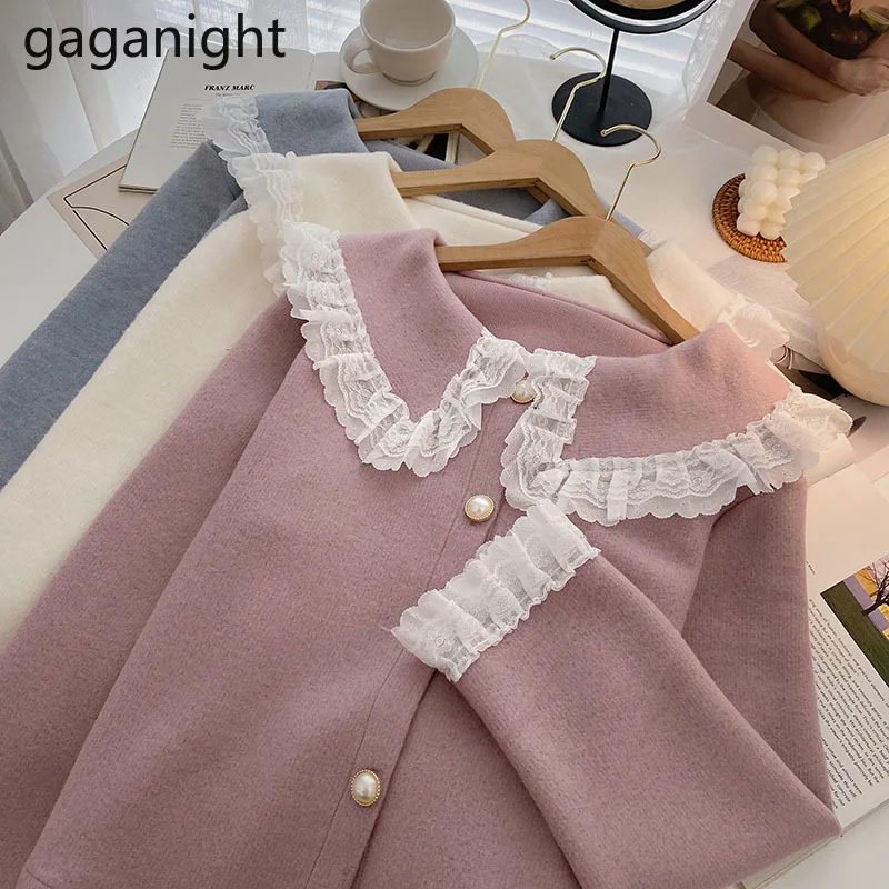 

Gaganight Женская куртка с длинным рукавом и кукольным воротником осень-зима 2021 Новый стиль милый корейский шикарный кружевной тонкий вязаный к...