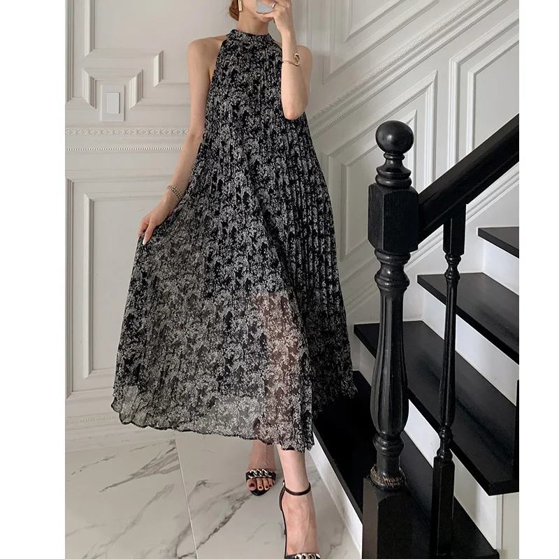 

Floral Dress Vintage Elegant Sleeveless Printing Pleated Long Dress Summer French Women Belt Suspender Dresses Bohemian Vestidos