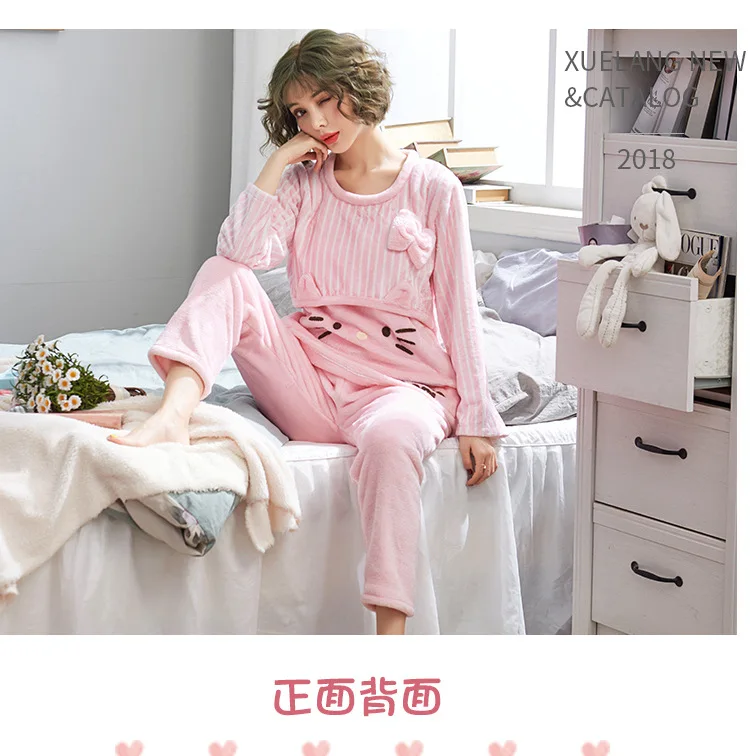 Женская фланелевая ночная рубашка hello kitty с длинным рукавом, банный халат, штаны, зимняя Милая Пижама с рисунком, Женская домашняя одежда, комплект одежды для сна