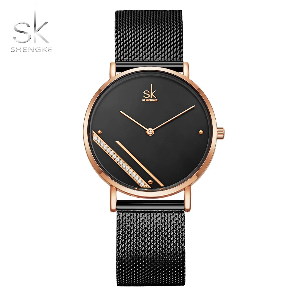 Shengke Роскошные Брендовые женские часы с черным кристальным циферблатом