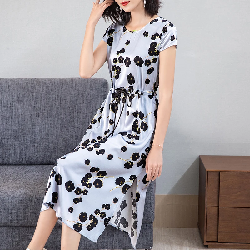 

Summer Vintage Blue Casual Print Mulberry Silk Dress 2022 Women Loose 2XL Plus Size Elegant Midi Sundress Bodycon Party Vestidos